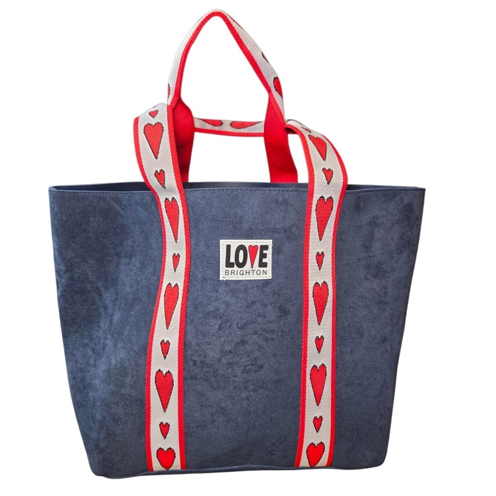 Brighton Love Tote Bag Navy Blue Velveteen Red Heart Shoulder Bag Large